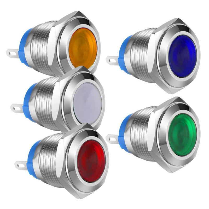 Gebildet 5pcs 16 mm AC/DC 12-24V Stainless Steel Waterproof LED Indicator Light and in 5 Colours Red/Orange/Blue/Green/White 16mm 12V-24V avec broche