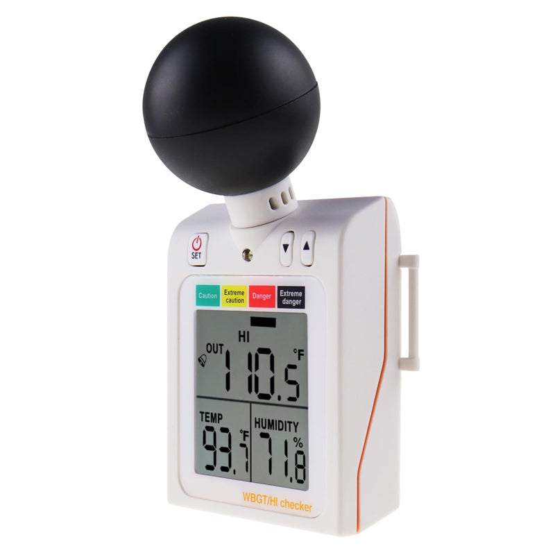 Portable 2 in 1 WBGT + HI Heat Index Checker Wet Ball Globe Temperature Heat Stress Meter Air Temperature Humidity Tester with Acoustic Alarm to Display Dangerous Levels Portable WBGT + HI-Checker