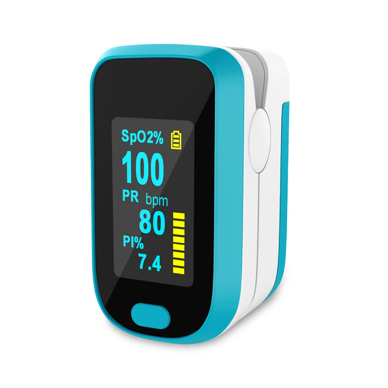 MOMMED Pulse Oximeter, Oxygen Saturation Meter, Finger Pulse Oximeter with Alarm for Measuring Oxygen Saturation (SpO2), Pulse Monitor for Children and Adults, OLED Display that Rotates blue-white