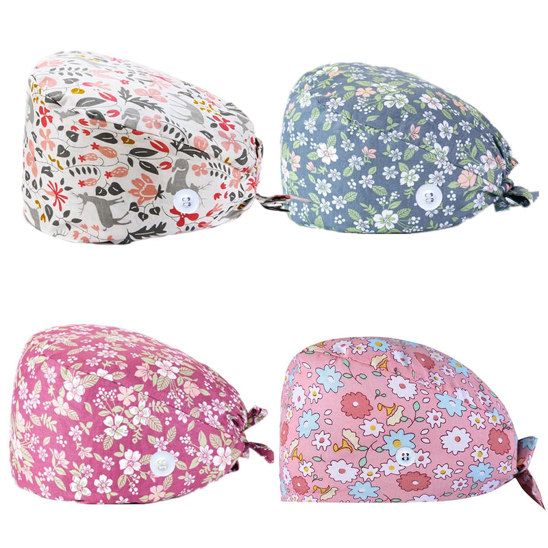 SIMYJOY Op Hood Fabric Women's Scrubbing Cap Printed Hat with Button Cotton Sweatband Adjustable Full Hair Cover One Size c