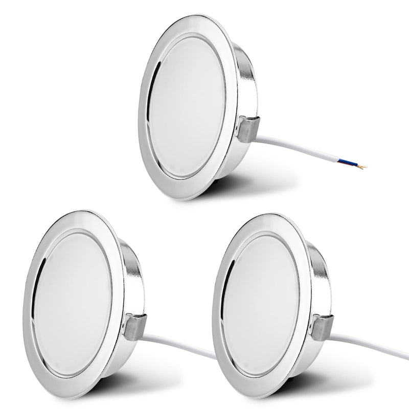 KYOTECH Set of 3 LED Furniture Lights 230 V, 3.5 W LED IP44 G4 15 mm Flat Furniture Recessed Spotlight, 3000 K Warm White, Kitchen Hood Light, Bathroom Light Recessed Spotlight Chrome