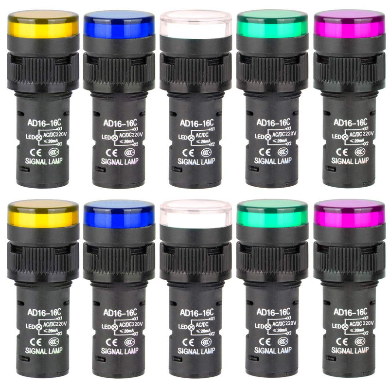 Gebildet Pack of 10 16 mm Indicator Light 220-380 VAC LED Flush Panel Mount (Red/Green/Blue/Orange/White, Each Colour 2 Pieces)