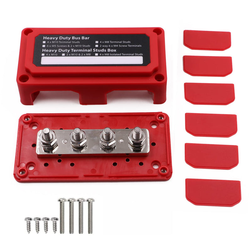 Gloaso 12V-48V DC Busbar Distribution Block 300A Busbar with 4x M8 Bolt Terminal Strips, Heavy Duty Bus Bar, Grounding Current, Busbars, Battery, 300 Amp for Car, Motorhome, Truck, Solar Boat, Marine 300 A, 4 x M8, red