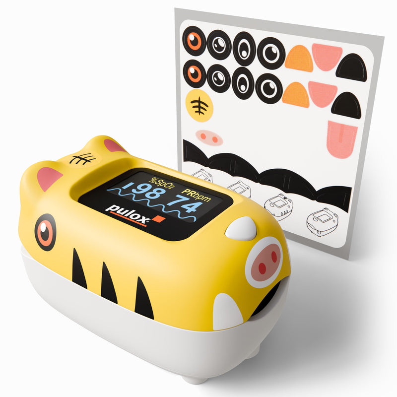 Pulox PO-230 Finger Pulse Oximeter for Children in Yellow, Measurement of SpO2 and Pulse in Seconds - with Stickers to Stick Yourself