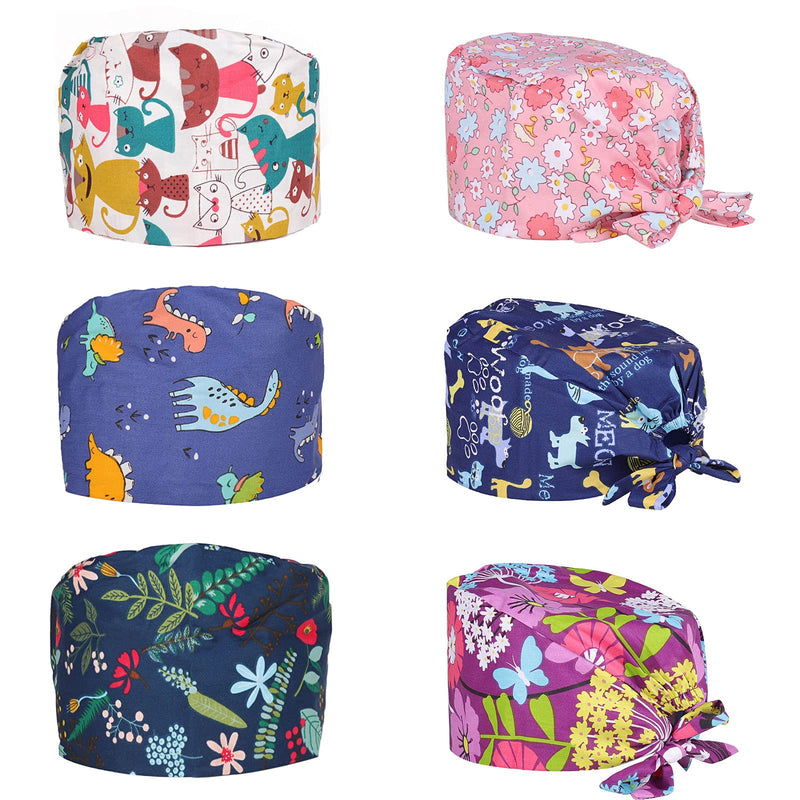 Comius Sharp Pack of 6 Scrubbing Caps, Adjustable Cotton Hood, Headwear, Turban Cap, Printed Soft Caps, Unisex, Hair Cover with Sweatband for Women and Men 30 a