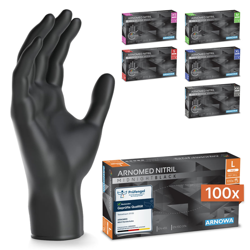 ARNOMED Disposable Gloves, Pack of 100 Black L Nitrile Gloves, Powder-Free and Latex-Free Disposable Gloves, Gloves Available in Size XS, S, M, L, XL and XXL