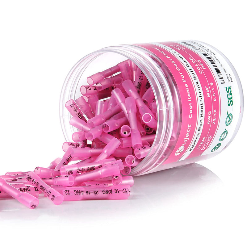 Kuject 220pcs Red Butt Connectors, Crimp Connector with Heat Shrink Tubing, Cable Connector Set, AWG 22-16 (0.5-1.5 mm²) Rote AWG 22-16
