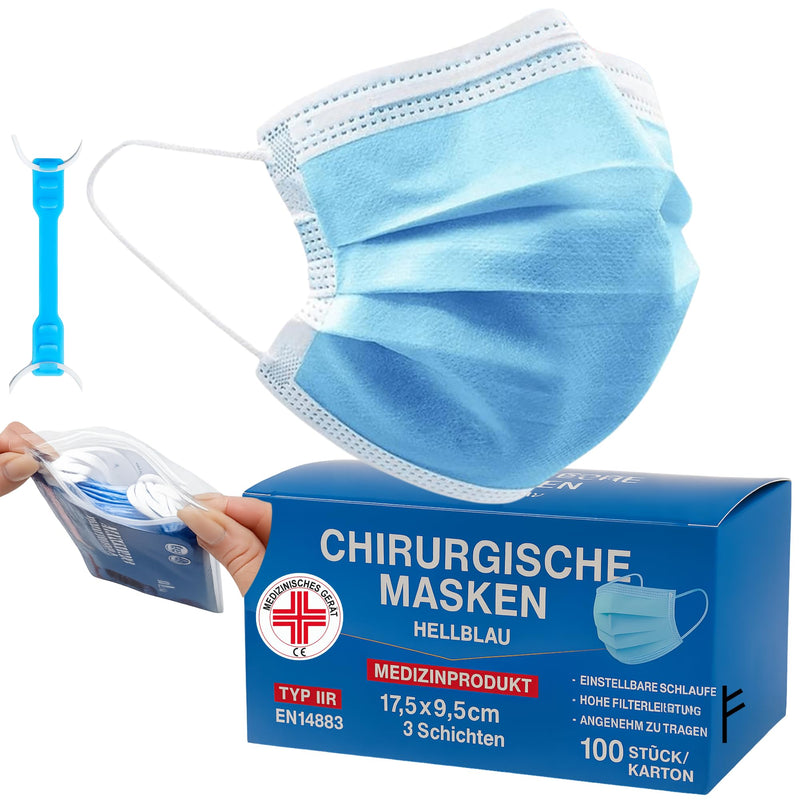 S&S-Medical Pack of 100 Medical Surgical Masks Type IIR EN14683 Certified - 3-Layer Surgical Disposable Masks, CE Approved Medical Device, BFE ≥ 98%, Breathable Mouth Masks | Light Blue