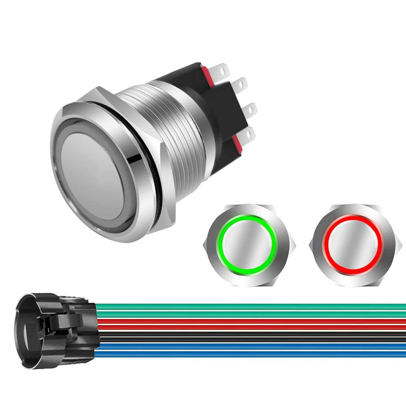 GUUZI 12V-24V/10A Momentary Push Button NO/NC, Waterproof, Green/Red LED Light, Illuminated, 22 mm Power Start Metal Push Button with Socket Plug Green/red 22 mm momentary switch
