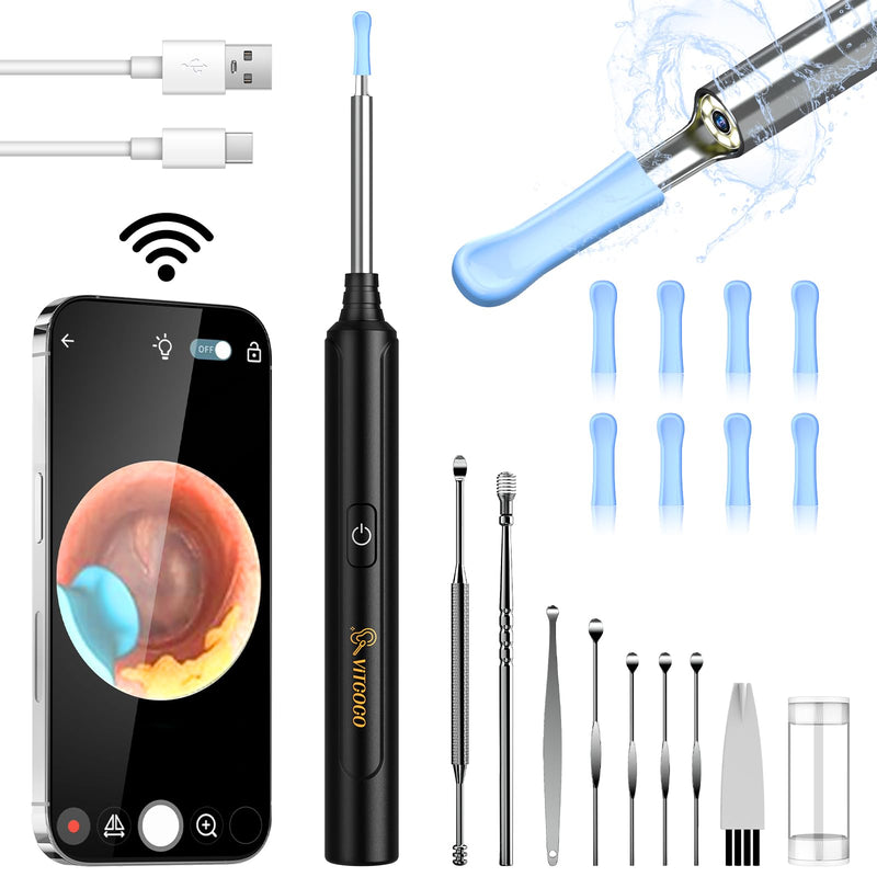 [AUSTRALIA] - Earwax Remover Otoscope, VITCOCO WiFi Ear Cleaner Camera 5MP HD Ear Camera IP67 Waterproof Ear Mirror 3.5 mm Lens Ear Endoscope with 6 LEDs for iPhone, iPad and Android Smartphones (Black) Black 