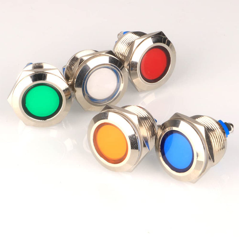 [AUSTRALIA] - GUUZI 5pcs 12V-24V 19mm LED Metal Indicator Light Waterproof Signal Lamp Red Green with Wire Red/Yellow/Blue/Green/White-19 Mm 