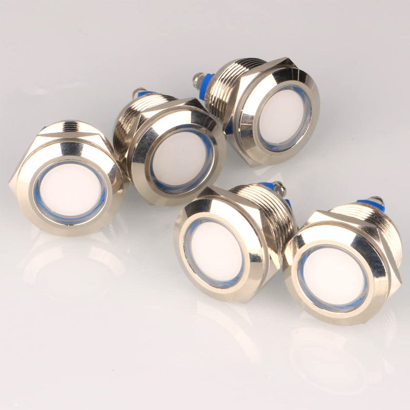 GUUZI 5pcs 12V-24V 19mm LED Metal Indicator Light Waterproof Signal Lamp with Wire (White) White-19 mm