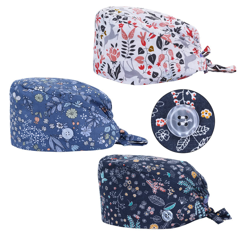 Pack of 3 Surgical Cap, Fabric Nurse Cap, Adjustable Surgical Hat, Buttons, Adjustable Work Cap with Sweatband Hoods, Bag Caps, Cotton Dust Cap, Printed Turban Hat, Fit