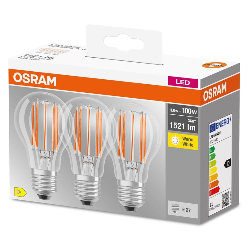 Osram LED Base Classic A100, Clear Filament LED Glass Bulbs for E27 Socket, Pear Shape, Warm White (2700K), 1521 Lumens, Replacement for Conventional 100W Incandescent Bulbs, Box of 3 2700k Warm White 10.5 x 6 x 6 cm