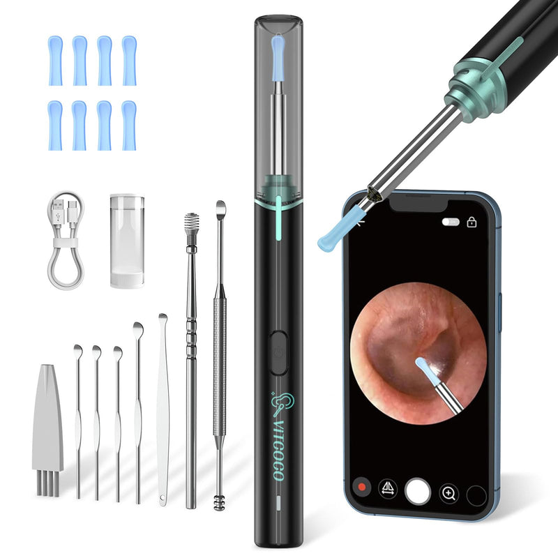 [AUSTRALIA] - Earwax Remover Otoscope, VITCOCO 1920P WiFi Ear Cleaner, IP67 Waterproof Otoscope Ear, 360° Wide Angle Otoscope Camera with 6 LEDs for Adults, Children and Pets (Black) Black 