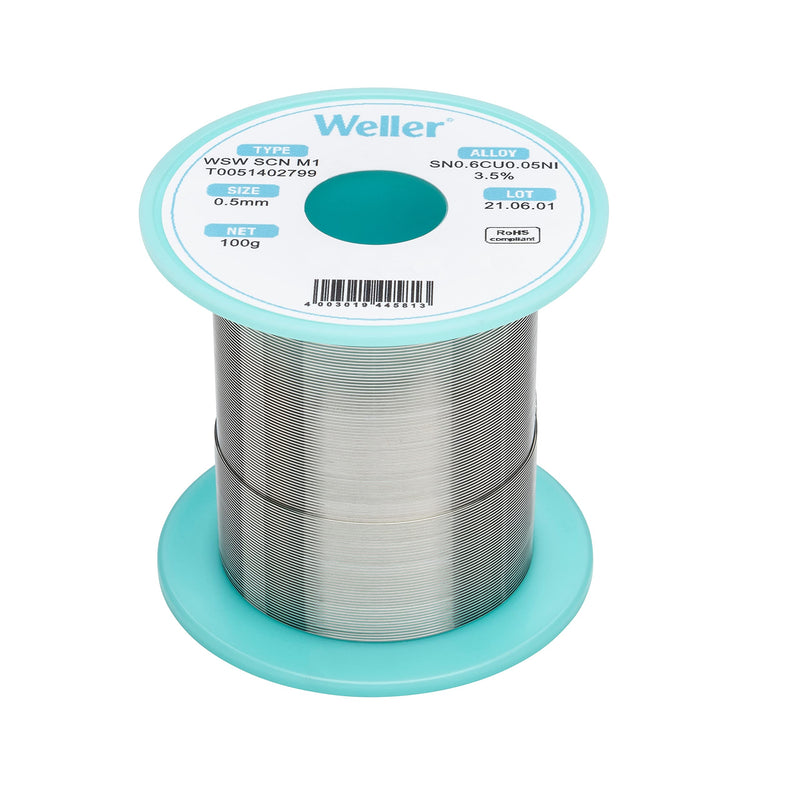 [AUSTRALIA] - Weller WSW SCN M1 (T0051402799) 0.5mm Lead Free Solder Wire Alloy Sn99.3Cu0.6Ni0.05 Flux Content 3.5% 100g Silver 0,5mm, 100g 