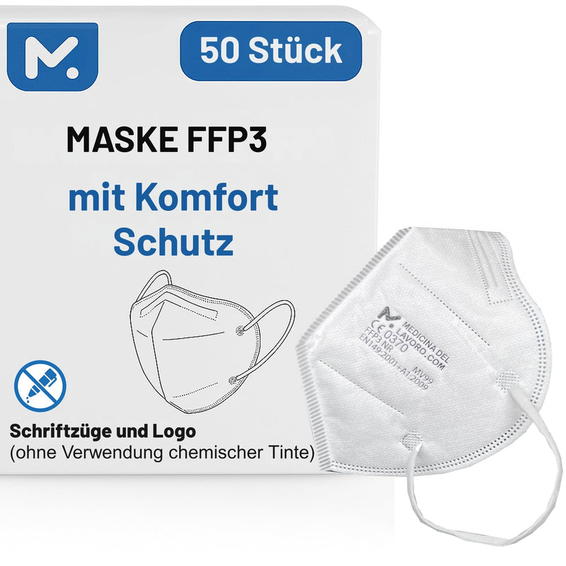 50 FFP3 Mouth and Nose Protection Mask with EC Certification, 5-Layer Mask without Valve, Dust and Particulate Protection Mask, Medical Protective Mask with High PFE Filter Efficiency ≥ 99, 50