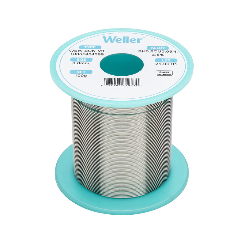 [AUSTRALIA] - Weller WSW SCN M1 (T0051404399) Lead Free Solder Wire, Dia: 0.8 mm / 0.039 in, Wt: 100 g / 3.527 oz, Alloy Sn99.3Cu0.6Ni0.05, Flux content 3.5% 