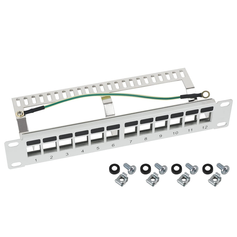 HMF 63346-07 STP Keystone Patch Panel for Server Cabinet, 10 Inch, 1 U, 12 Ports RJ45 Shielded, Light Grey STP - geschirmt
