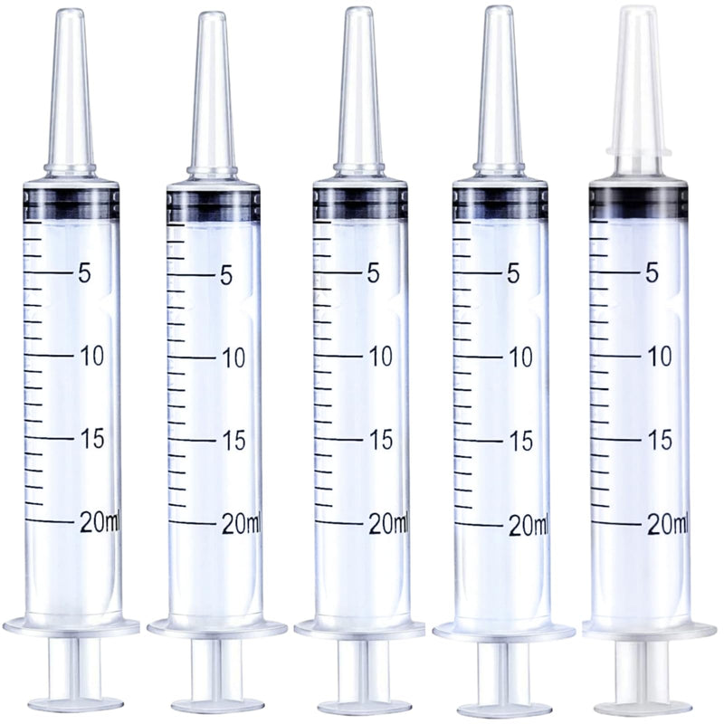 Syringes 20 ml, Pack of 5 Plastic Syringes Plastic Syringes Reusable Measuring Syringes for Scientific Laboratory Adhesive Applicator Experiments Use, Transparent