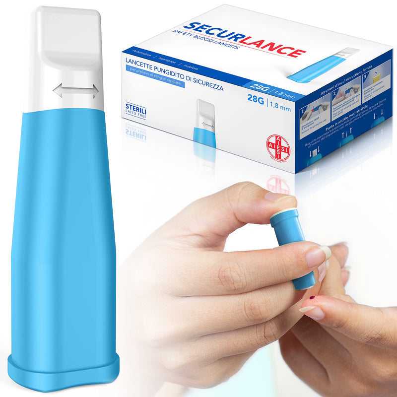 AIESI® Sterile Disposable Lancets with Safety System and Retractable Stainless Steel Tip Needle 28G Securance (Pack of 100)