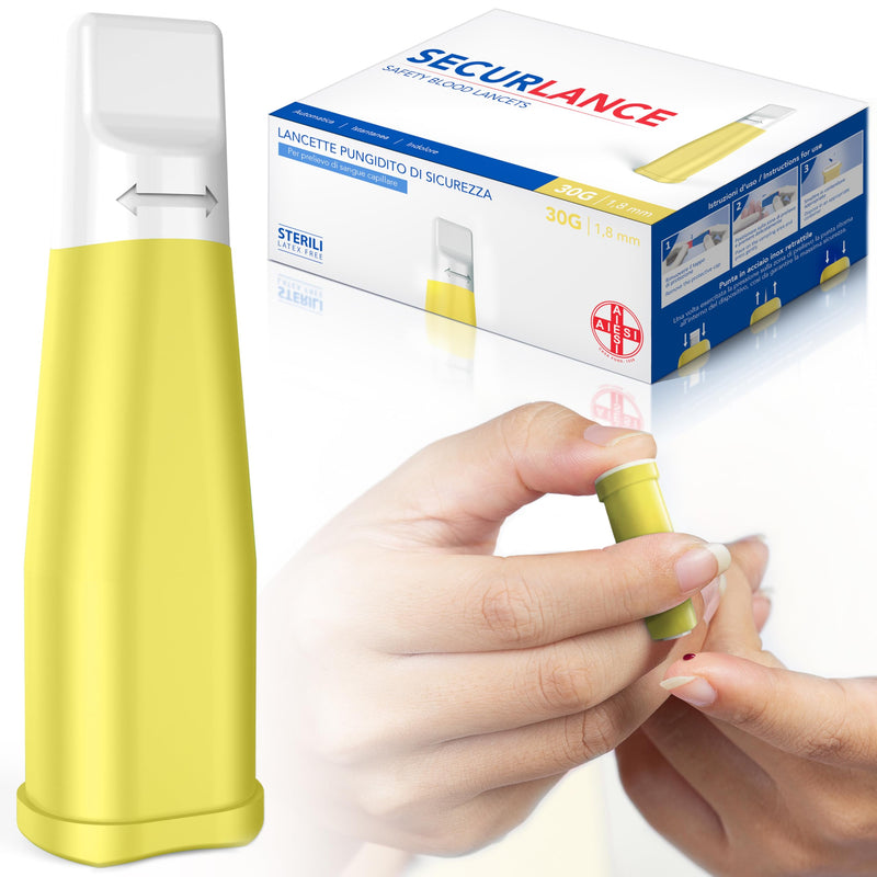 AIESI® Sterile Disposable Lancets with Safety System and Retractable Stainless Steel Tip Needle 30G Securance (Pack of 100)