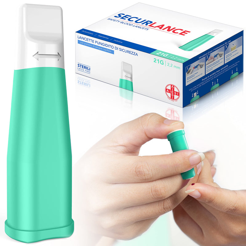 AIESI® Sterile Disposable Lancets with Safety System and Retractable Stainless Steel Tip Needle 21G Securance (Pack of 100)