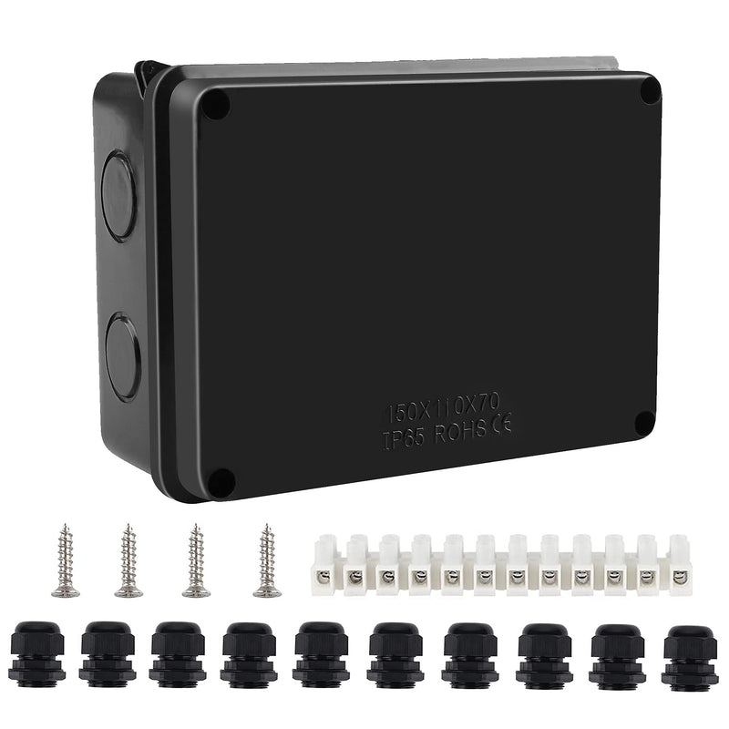 Elezenioc Junction Box Waterproof IP65 Surface-Mounted Junction Box, M25 Distribution Box, Large ABS Electrical Box, Outdoor Cable Connection, External Electrical Junction Box, Black (150 x 110 x 70
