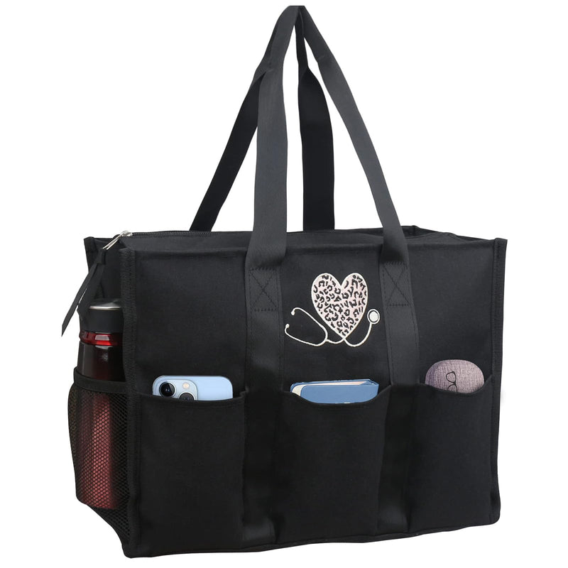 [AUSTRALIA] - ABAMERICA Nurse Bags for Work Nursing Bag Multiple Pockets Waterproof Organizing Zip Top Clinical Bag for Nursing Students B23- Nurse Black With Leopard Embroidery Medium 