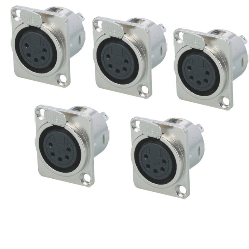 5 Pin XLR Female Socket Metal Panel Mount Chassis Microphone Audio Jack D-Type Connector Adapter, Pack of 5 XLR 5 Pin Metal Female Socket