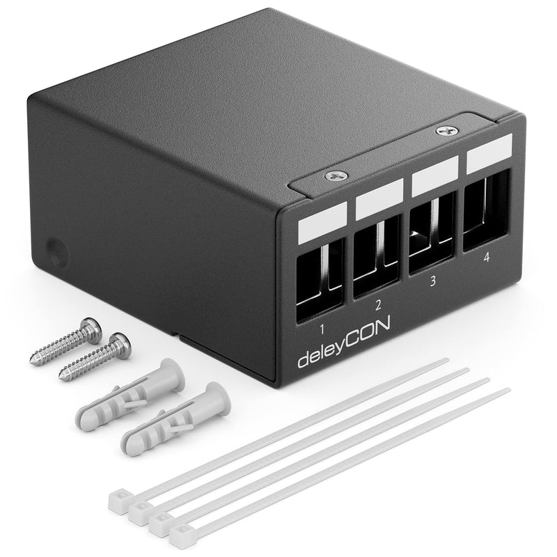 [AUSTRALIA] - deleyCON 4 Port Patch Panel Housing 1 HE for 14.9 mm x 17 mm Keystone Module with e.g. RJ45 Coaxial Connector BNC F-Connector Antenna Connector RJ-11 RCA Jack USB Toslink PS2 HDMI - Black 4 Port Gehäuse 