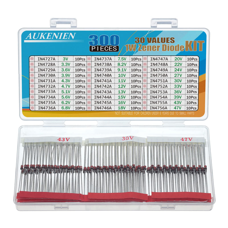[AUSTRALIA] - AUKENIEN 1W Zener Diode Z Diodes Assortment Set 30 Value Zener Diode Kit 3V 3.3V 3.6V 3.9V 4.3V 4.7V 5.1V 5.6V 6.2V 6.8V 7.5V 8.2V 9.1V 10V 11V 12V 13V 15V 16V 18V 20V 222 V 24V 27V 30V 33V 36V 39V 1W Zener Dioden 