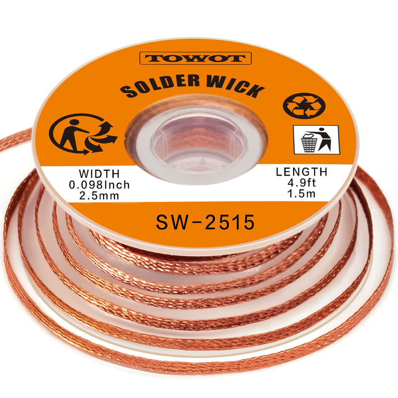 TOWOT Solder Wick Braid with Flux No-Clean Electronic, Desoldering Wick Braid Remover.Desolder Soldering 2.5mm W 0.10'' L 5' 4.92ft