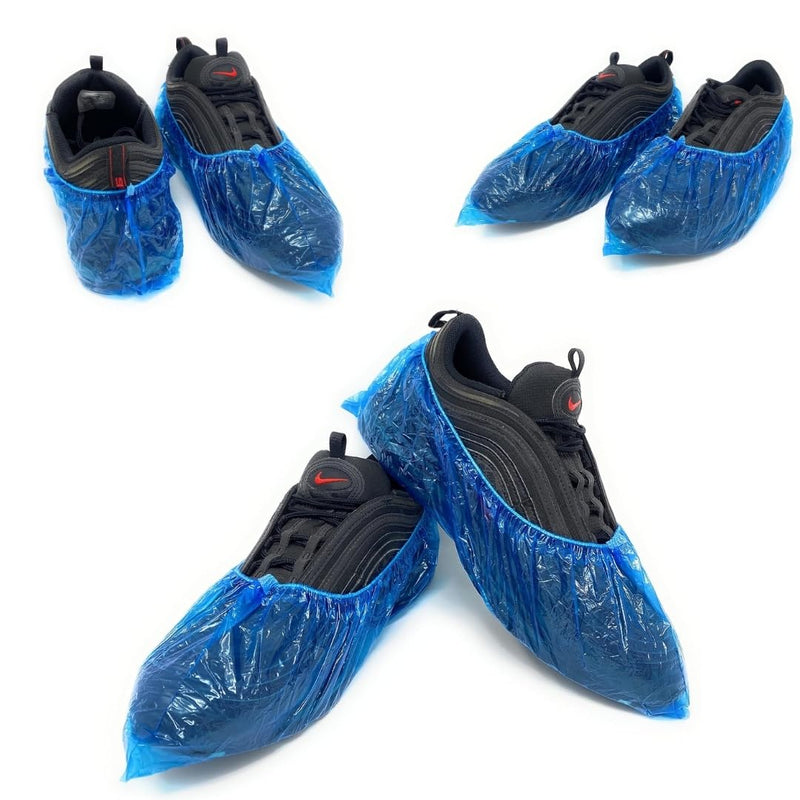 Pack of 100 Disposable PE Shoe Covers 3 g - High Tear Resistance - Reinforced Elastic Band - Personal Protective Equipment for PPE - Household Cleaning - Gardening - Transparent Blue Colour