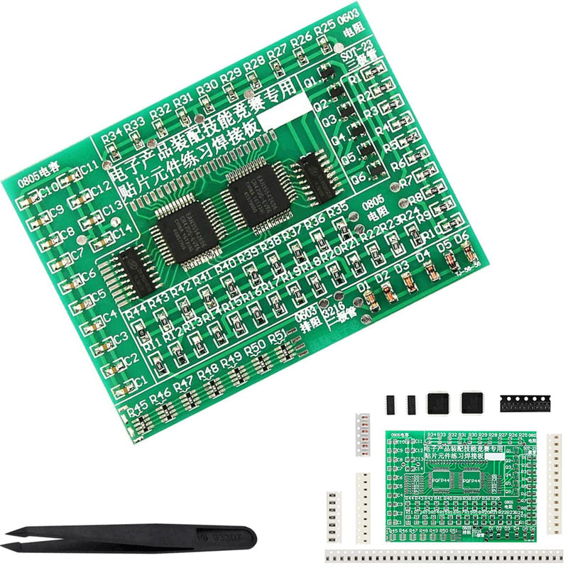 DAOKAI DIY practice board soldering, SMD SMT element welding exercise board, circuit board components, 77 SMD components, 8 categories with tweezers, for experiments Green display dot matrix module