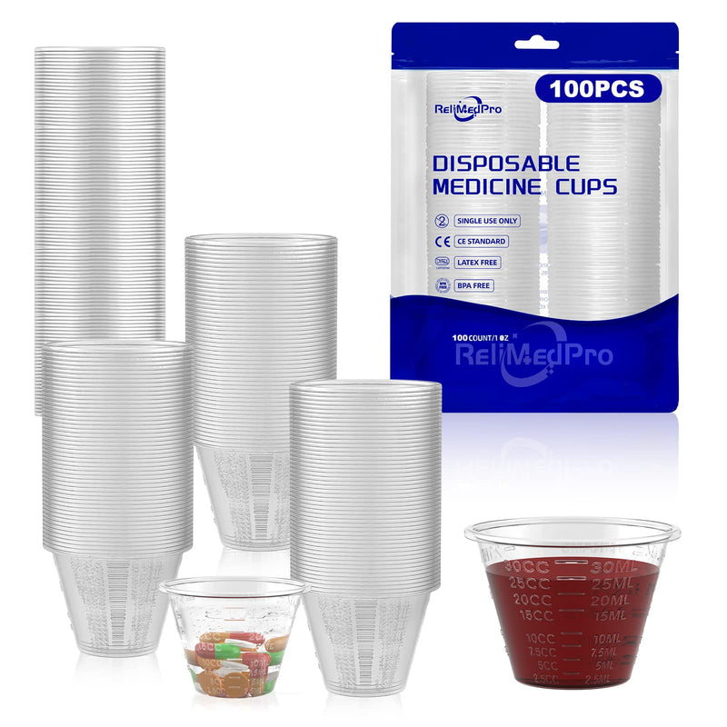 Disposable Medicine Cups Graduated, Bulk Pack of 100, 1 oz (30ml) Small Plastic Measuring Cup for Liquid Medication, Paint, epoxy, Pill and Resin.