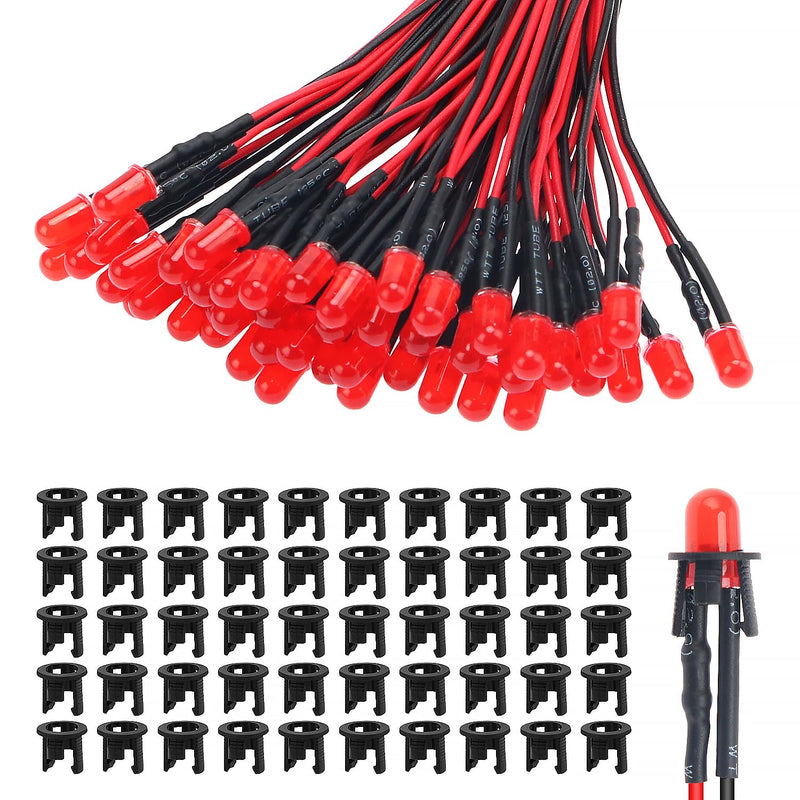 Lyeteung 50 Pieces 5 mm 12 V Pre-Wired LED Diode Light, Red, 5 mm LED Diffuse Emitting Light Diode with 20 cm Cable + 50 Pieces 5 mm Plastic LED Diode Holder 5mm Red Diffuse