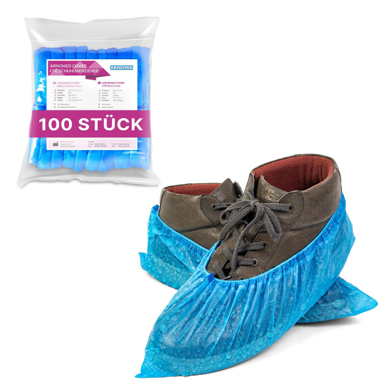 ARNOMED 100 x Disposable Shoe Covers [Waterproof], Galoshes, Shoe Covers Disposable Strong Overshoes Latex-Free, One Size Water and Dustproof, Classic 3 g Strong CPE Material breit Pack of 100