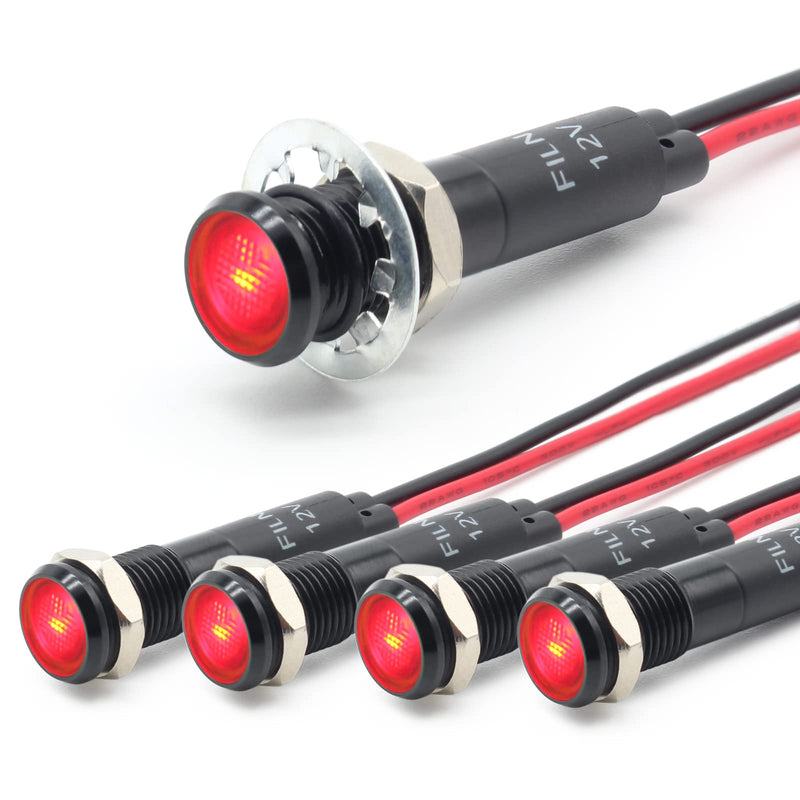 FILN 5 pieces 8 mm (5/16 inch) 12 V LED indicator light, waterproof pilot signal lamp, alarm light, metal panel lights (black, anodised, red5 pieces) red Schwarz eloxiert-12V-5pcs