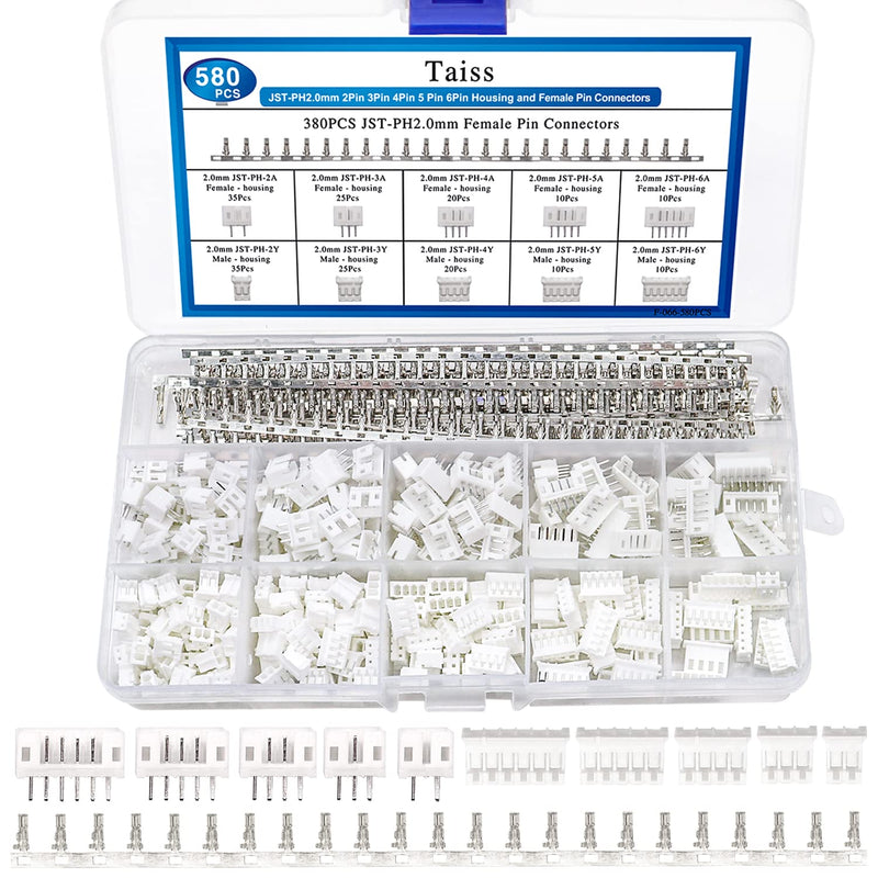 Taiss 580PCS JST PH Connector kit 2.0mm 2/3/4/5/6Pin Housing,Female and Male Adapter Cable Connector Plug,PH2.0mm Female Pin Connectors,JST Connector F-066-580PCS JST PH2.0mm Connector kit