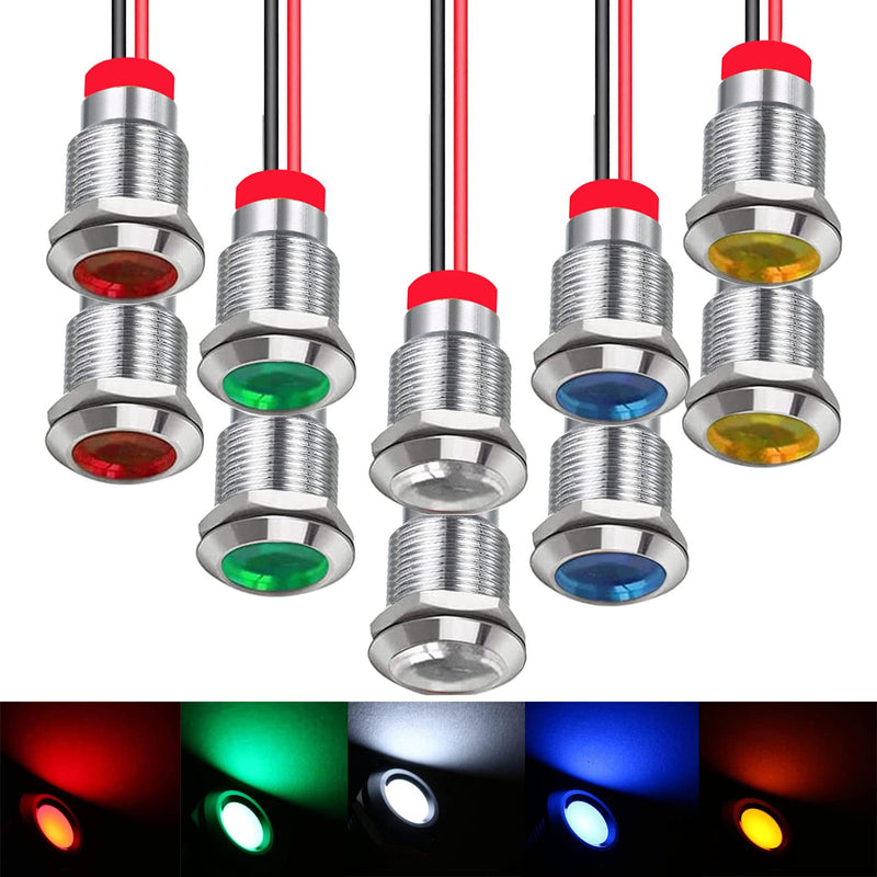 RUNCCI-YUN Pack of 10 110 V-220 V 12 mm 1/2 Inch LED Metal Indicator Light Waterproof Signal Lamp LED Panel Installation Indicator Light (Green × 2 Yellow × 2 Red × 2 Blue × 2 White × 2) 12mm (Green Yellow Brown Blue-white) 110v-220v 10pcs