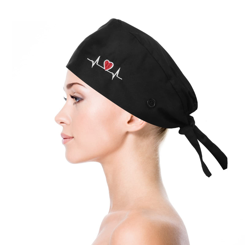 Lusofie Adjustable Working Cap with Button Sweatband Surgical Cap Nurse Hat Cotton Ponytail Holder Scrub Caps Tie Back Hats Black Heart