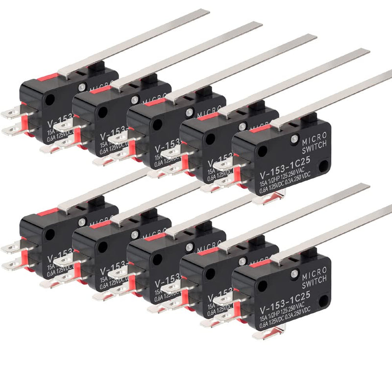 GUUZI 10pcs V-153-1C25 Momentary Micro Limit Switch Long Straight Hinge Lever Arm SPDT Snap Switch for Arduino