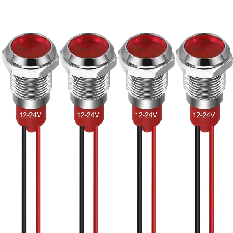[AUSTRALIA] - GUUZI 10mm LED Indicator Light 12-24V Waterproof Signal Light Metal Plate LED Indicator Signal Light Plate Mount Flat Head with Wires Silver Housing (Red, 4 Pack) Red 