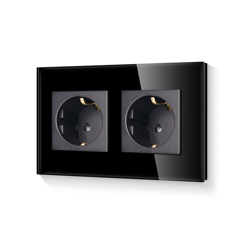 LIAONFOY Schuko Double Socket with Child Safety Lock Glass Frame 2-Way Wall Socket Flush-Mounted Black Double 110-250 V 157 mm 2-gang socket