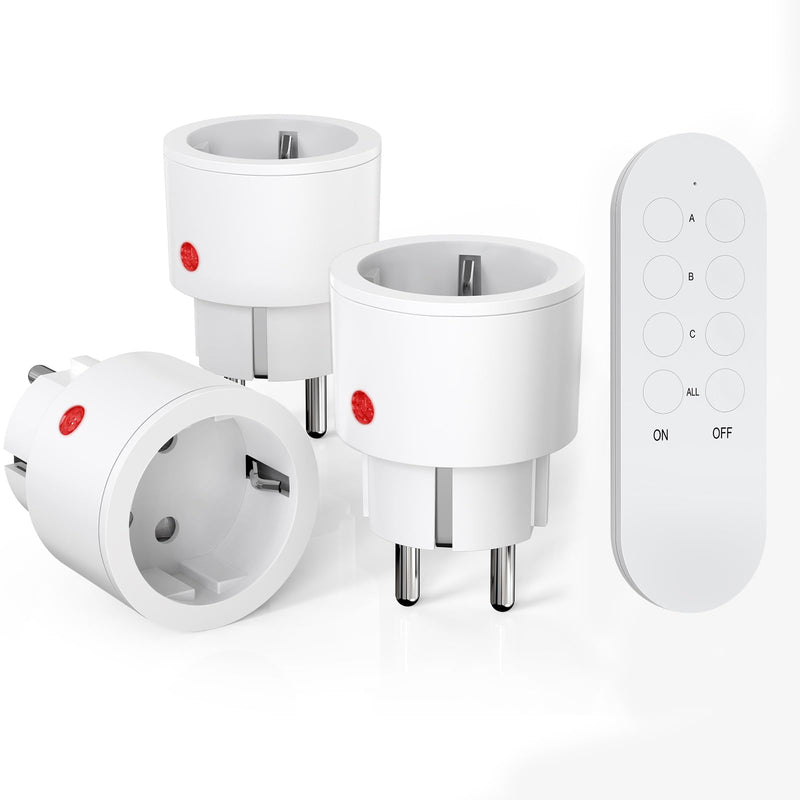 SURNICE Sockets with Remote Control, 10 A/2300 W, 40 m Long Range, Radio Sockets with Remote Control, Programmable, 3 Pack Sockets and 1 Remote Control (1T + 3R) 1T+3R