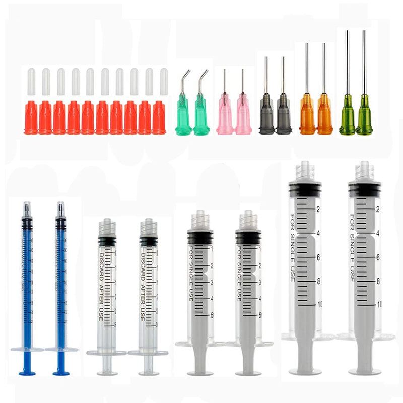 Syringe Set with Blunt Needles, 1ml, 3ml, 5ml, 10ml with 14g, 15g, 16g, 18g, 20g Blunt Needles and Syringe Cap for DIY Craft Refill Glue, Industrial Applications (8 Pieces) Pack of 8
