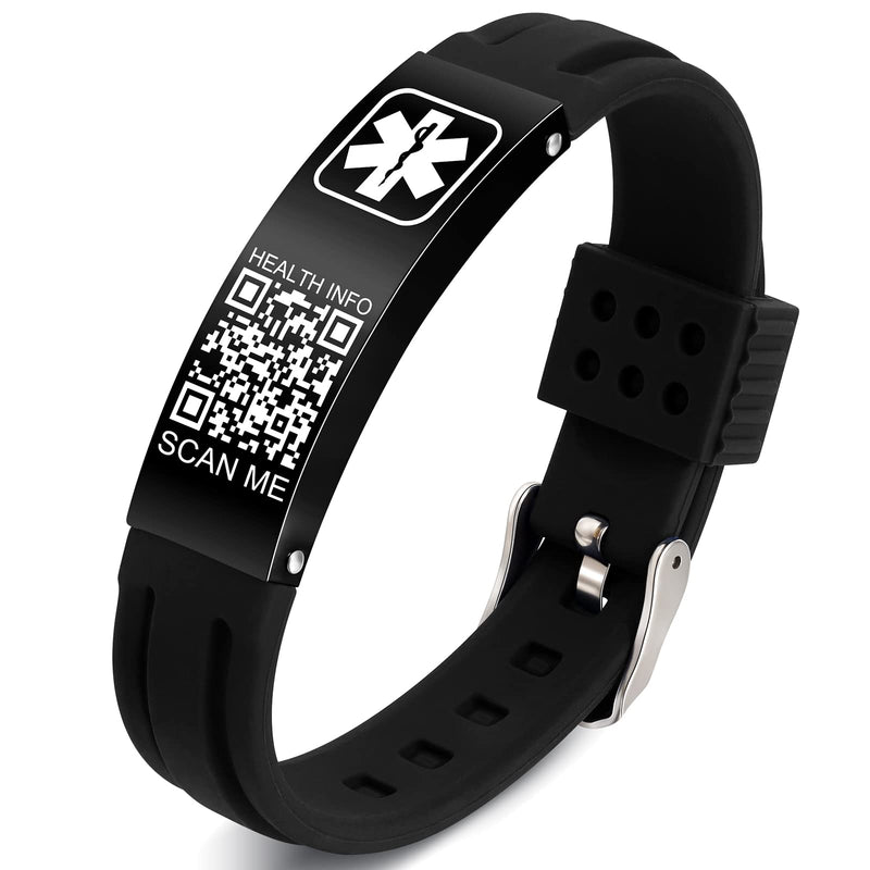 Medical Bracelets for Men Women with QR Code Medical Alert ID Bracelets for Sport Travel - Silicone Waterproof Wristband Fits Wrists Up to 8 inches - More Space Custom Emergency Medic ID Alert Information 9.45'' Folding Buckle - Black+Black