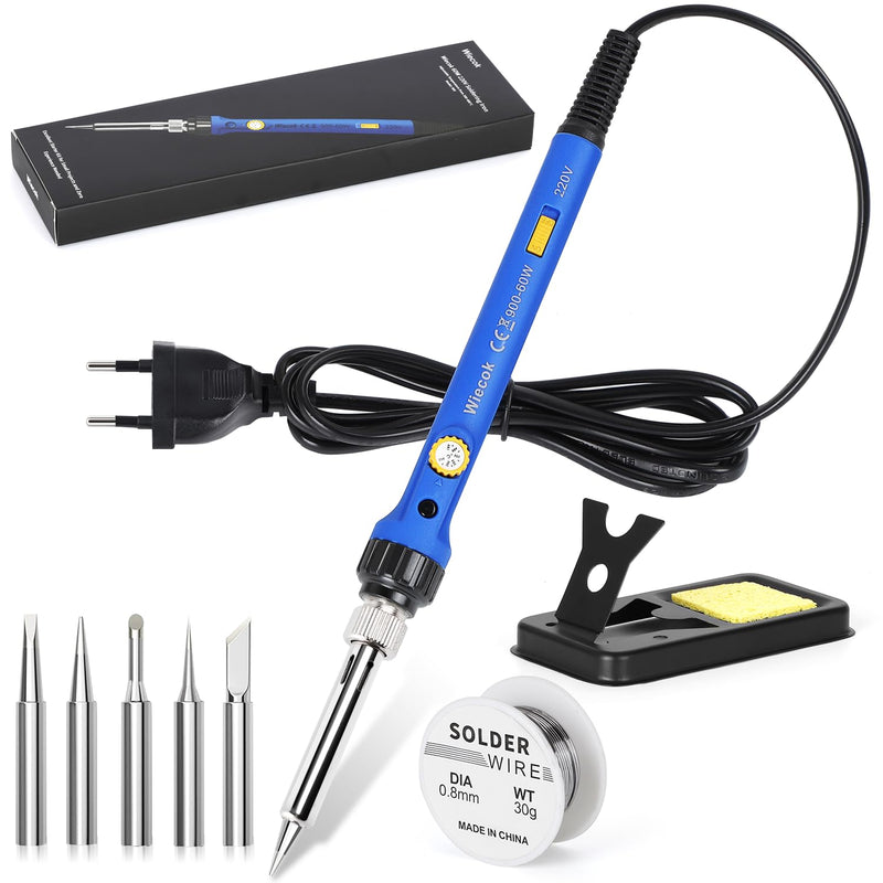 [AUSTRALIA] - Soldering Iron 60 W, Soldering Iron Set with Solder, Temperature Adjustable 220-480 °C, On/Off Switch, 30 g Soldering Wire, 5 Soldering Tips, Soldering Iron Set for Electrical Engineering Repairs Blue- 1 