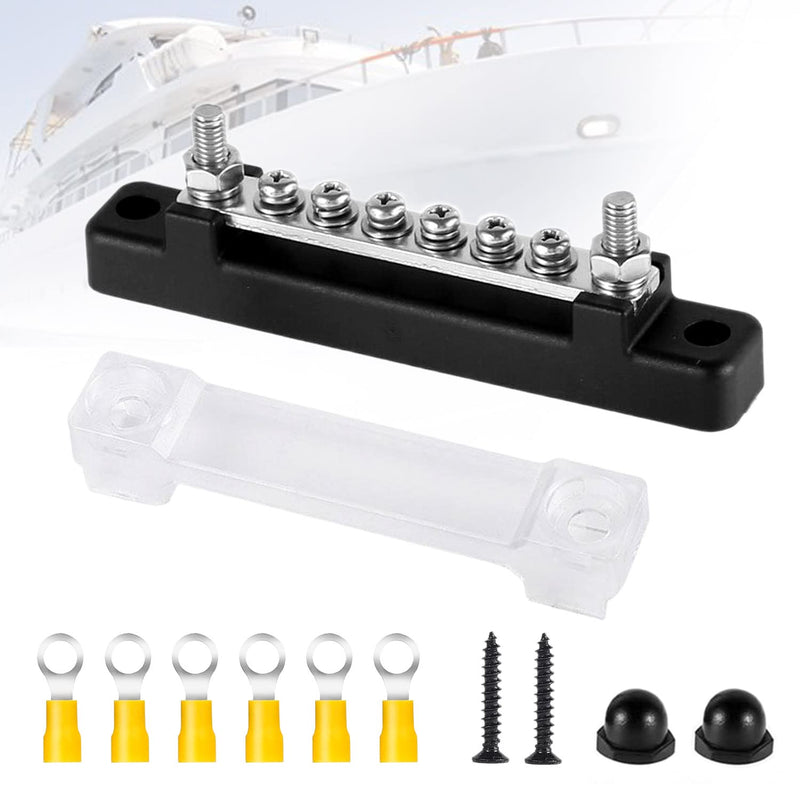6-Pin Busbar Distribution Block, Single Row Busbar 150A Busbar Block with Cover, Distribution Block, Busbar Screw Terminal, Busbar for Truck, Bus, Boat (Black) black